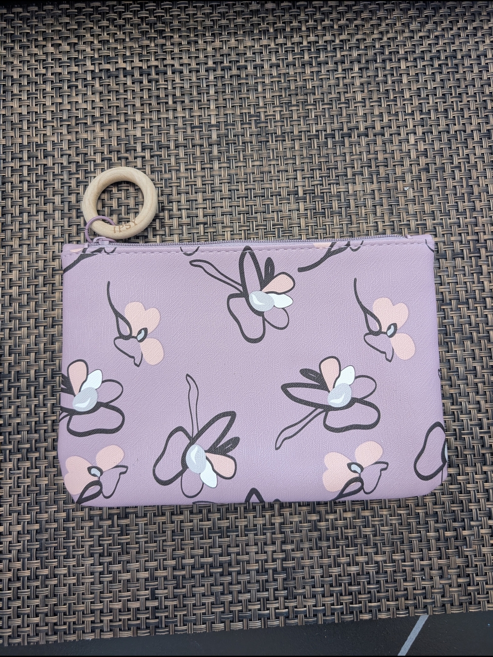 ipsy Lavender Floral Zip Wristlet with Wood Ring